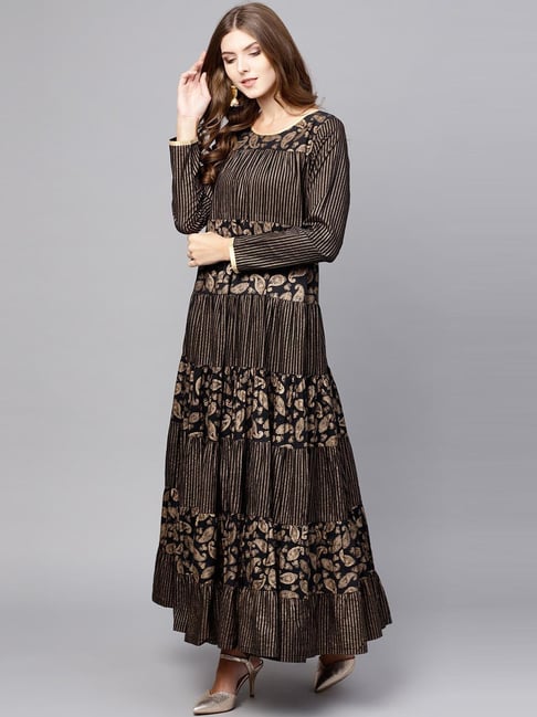 Aks Black Cotton Printed A Line Kurta