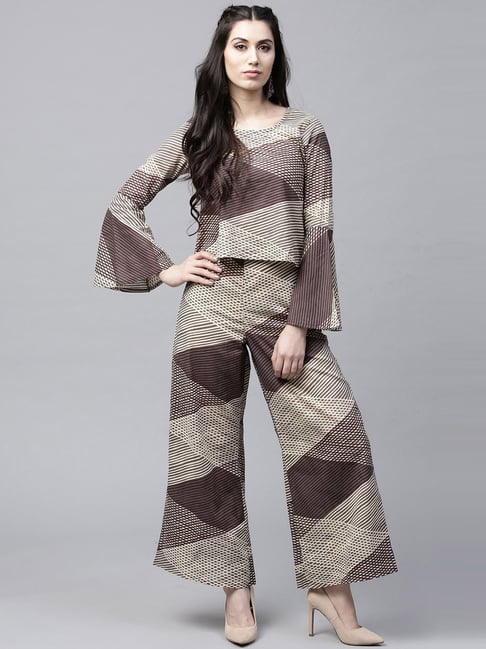 Aks Off-White & Grey Cotton Printed Top & Palazzo Set