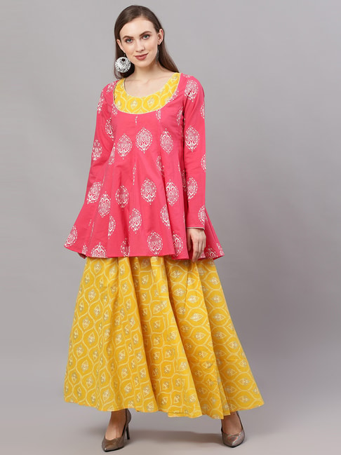 Aks Yellow & Pink Cotton Printed Maxi Dress Price in India