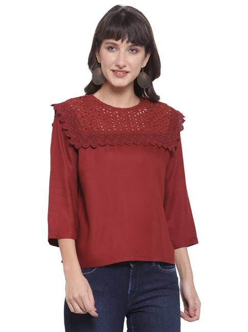 Melon by PlusS Blood Red Self Design Top Price in India