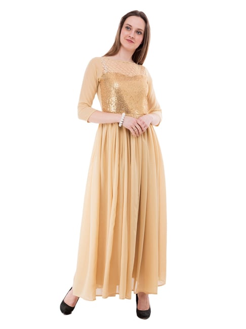 Golden Bronze Lama Plain Gown With Dupatta - PinkSaree