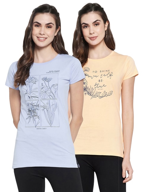 Monte Carlo Beige & Blue Printed T-Shirt - Pack of 2 Price in India
