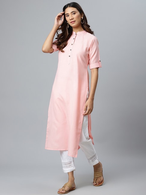 Gerua Pink Cotton Embroidered Straight Kurta Price in India