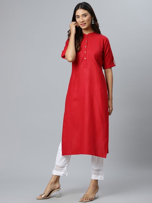 Gerua Red Cotton Solid Straight Kurta