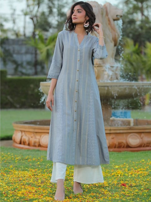 Juniper Grey Cotton Embroidered A Line Kurta With Mask Price in India