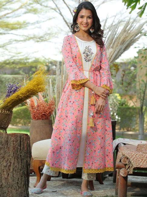Juniper Pink & White Embroidered A Line Kurta With Mask Price in India