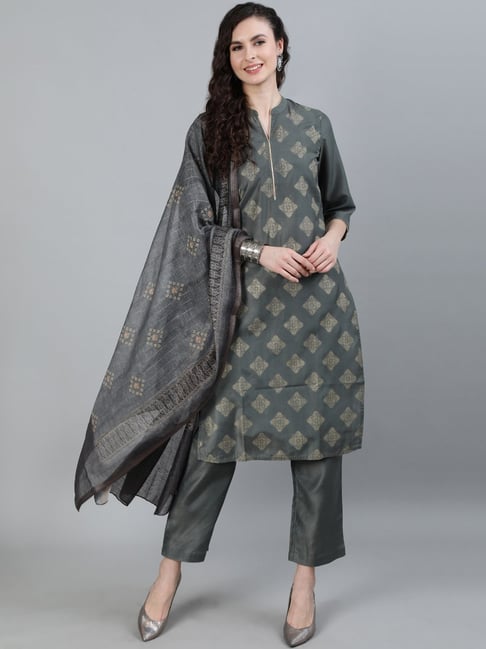 Jaipur Kurti Grey Printed Kurta With Palazzo & Dupatta Price in India