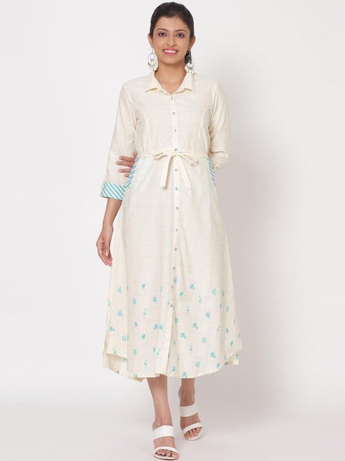 Rangriti White Cotton Printed A-Line Dress Price in India