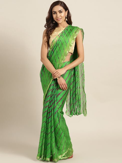 Geroo jaipur Green Striped Saree With Blouse Price in India