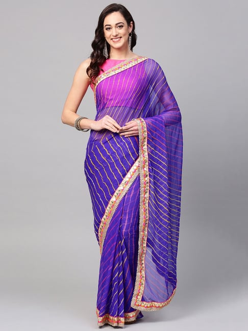 Geroo jaipur Blue Striped Saree With Blouse Price in India