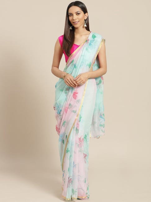 Geroo jaipur Blue & Pink Printed Saree With Blouse Price in India