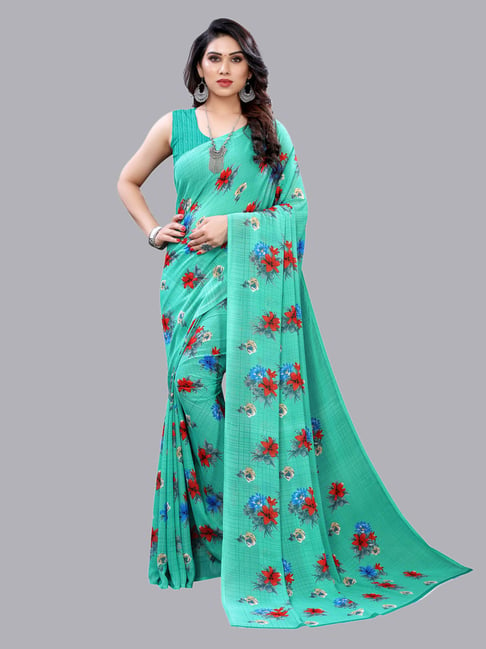 Satrani Turquoise Floral Saree With Blouse Price in India