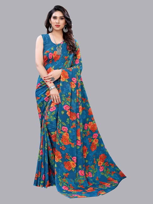 Satrani Dark Blue Floral Saree With Blouse Price in India