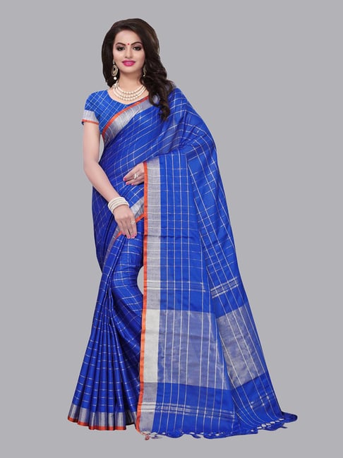 Satrani Blue Checked Saree With Blouse Price in India