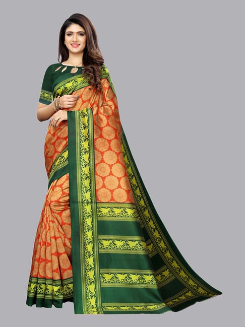 Satrani Orange & Green Printed Saree With Blouse Price in India