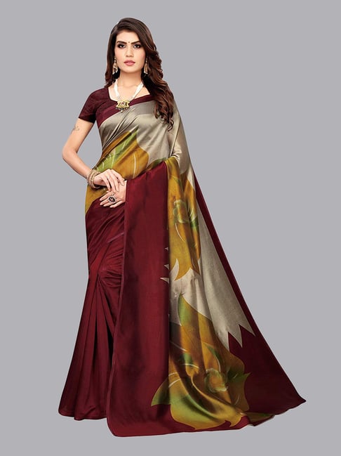 Satrani Maroon Printed Saree With Blouse Price in India