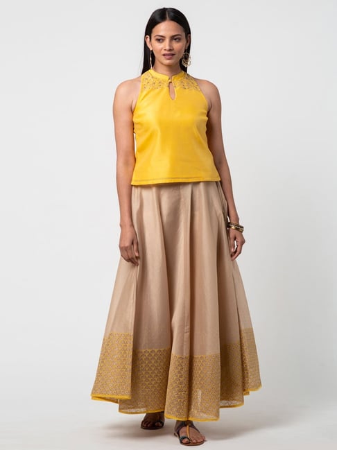Buy Fabindia Yellow Beige Embroidered Top Skirt Set for Women