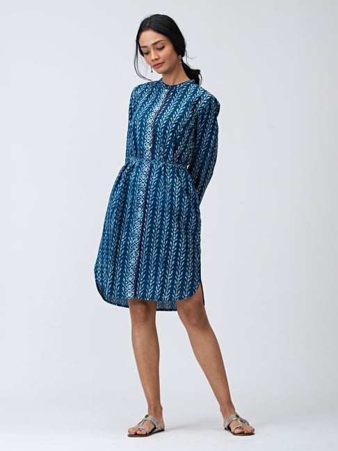Fabindia Blue Cotton Printed A-Line dress Price in India