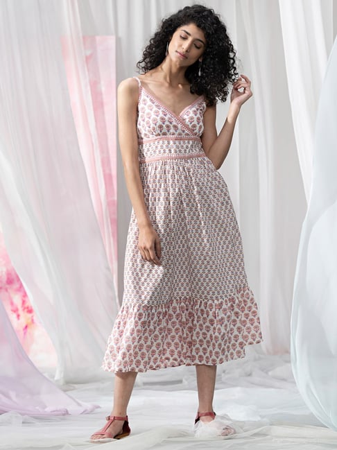 Buy Fabindia White Cotton Printed A-Line dress for Women Online