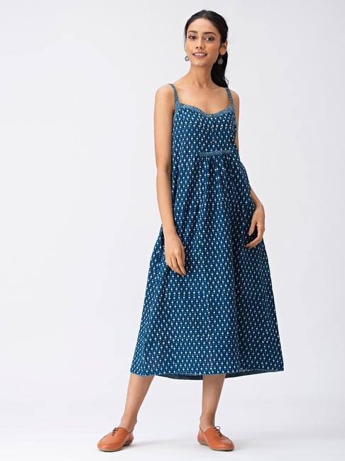 Fabindia Navy Cotton Printed A-Line dress Price in India