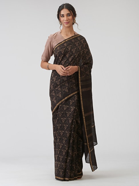 Fabindia Cotton Silk Block Printed  Saree with Blouse Piece Price in India