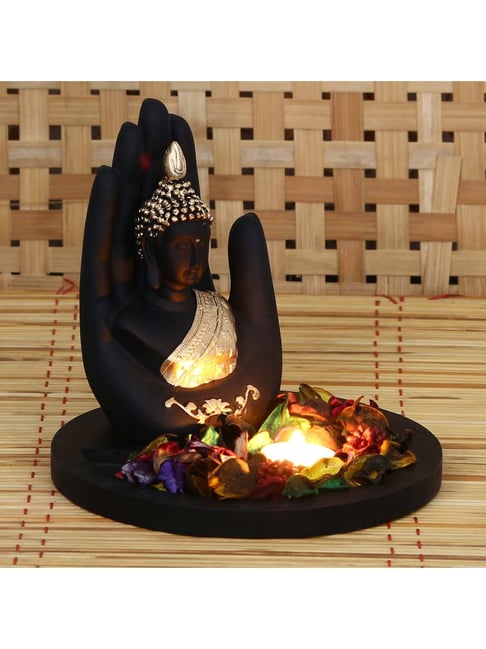 ecraftindia Golden Handcrafted Palm Buddha Decorative Showpiece with Wooden Base, Fragranced Petals and Tealight-picture-27