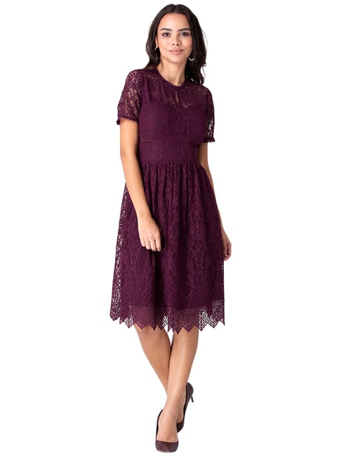 Wine Floral Lace Cut Out Midi Dress