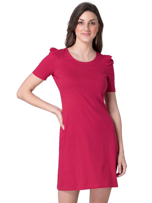 Hot Pink Jersey Puff Sleeve Bodycon Dress