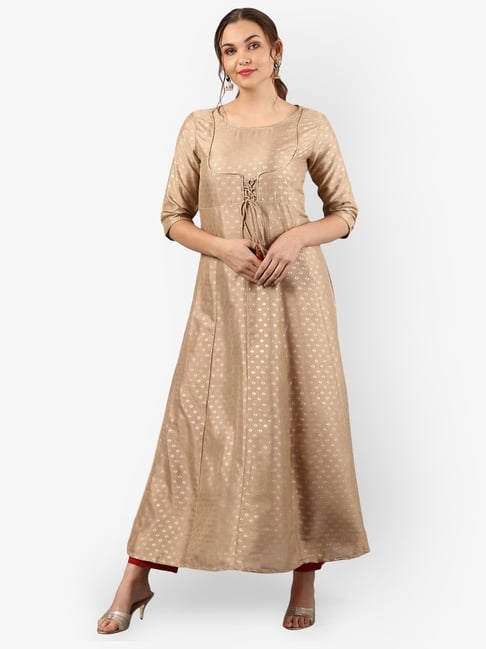 Janasya Beige Printed Anarkali Kurta Price in India