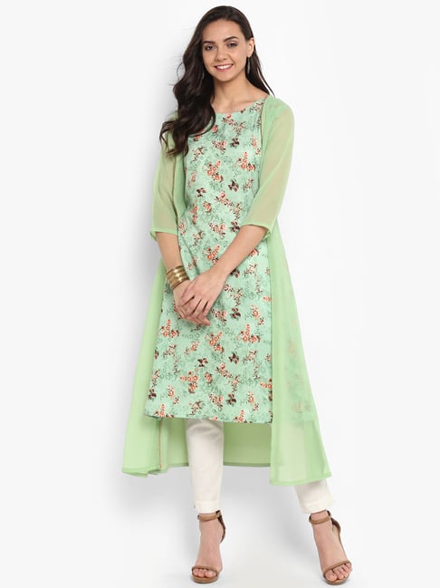 Janasya Green Printed A Line Kurta With Jacket Price in India