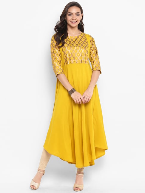 Janasya Yellow Printed High Low Kurta