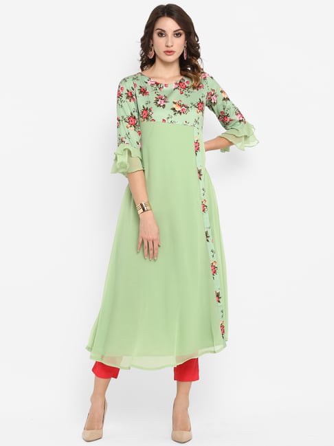 Janasya Green Printed A Line Kurta Price in India