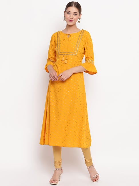 Janasya Yellow Printed A Line Kurta