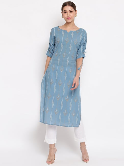 Janasya Blue Printed Straight Kurta Price in India