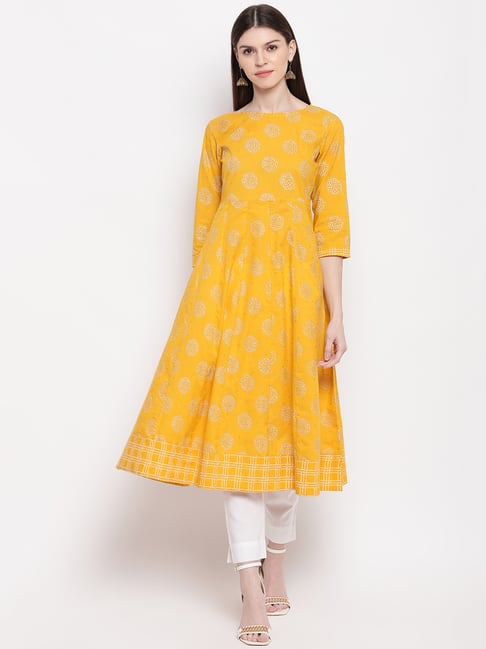 Janasya Yellow Printed Fit & Flare Kurta