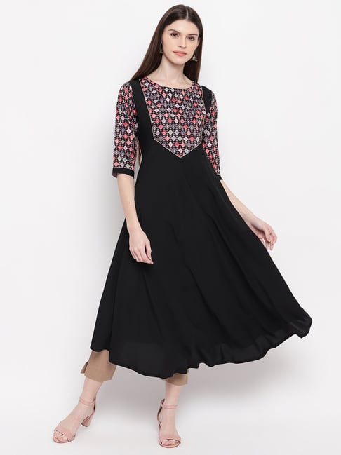 Janasya Black Printed High Low Kurta Price in India