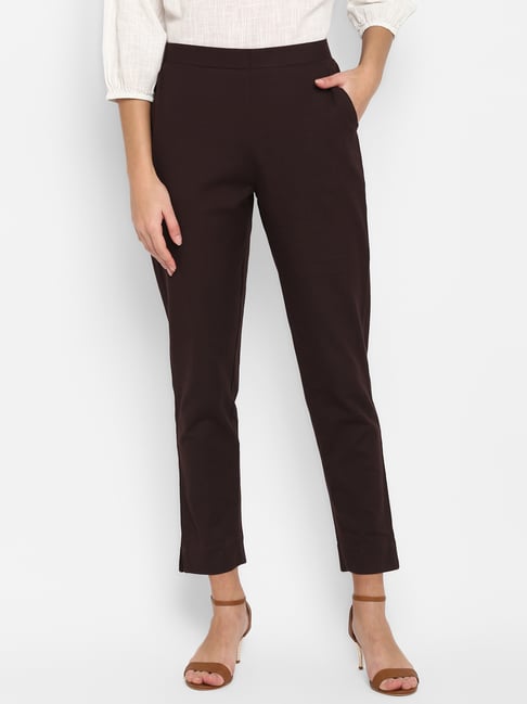 Janasya Brown Regular Fit Elasticated Crop Pants