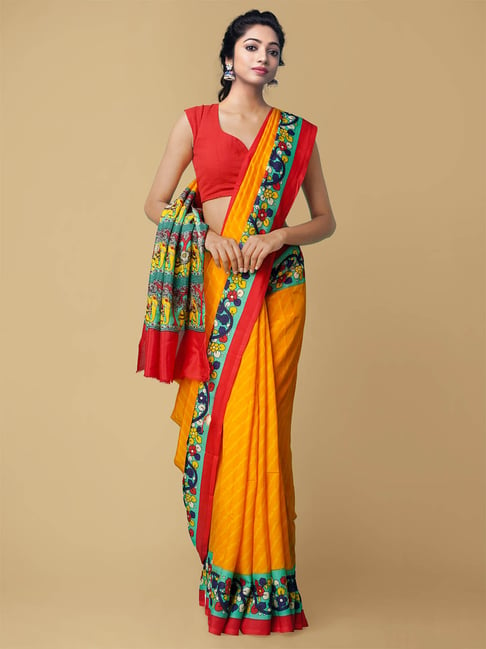 Unnati Silks Women's Ikat Printed Pochampally Soft Silk Saree Price in India