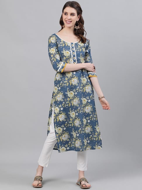 Aks Blue Printed Straight Kurta