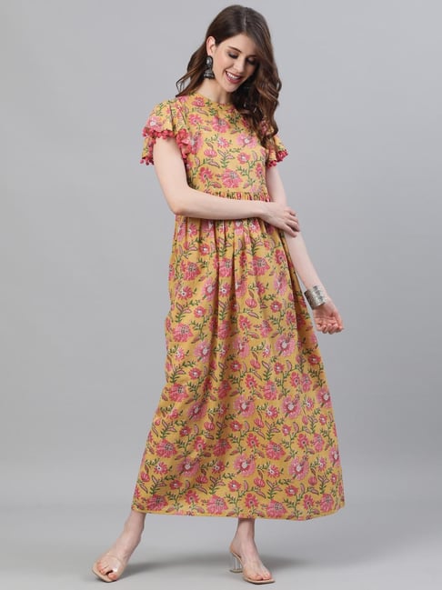 Aks Yellow Mandarin Collar Maxi Dress