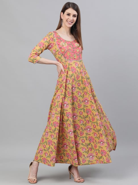 Aks Yellow Round Neck Maxi Dress Price in India