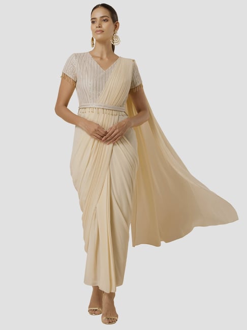 Buy Indya White Embellished Ready To Wear Saree With Belt for