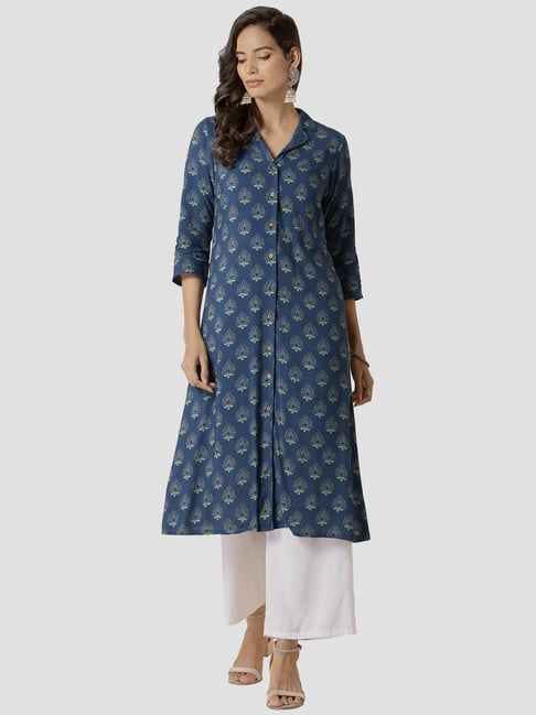 Buy Indya Blue Printed A Line Kurta for 