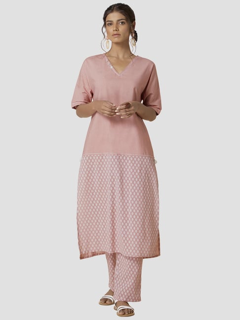 Indya Pink Cotton Printed Kurta Palazzo Set Price in India
