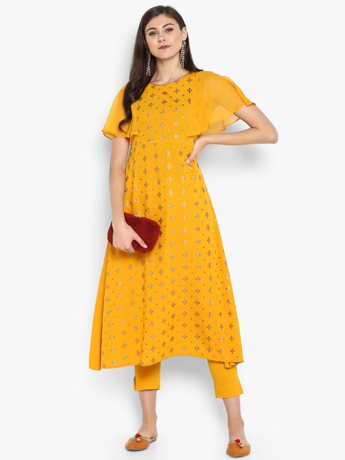 Janasya Yellow Printed Kurta Pant Set