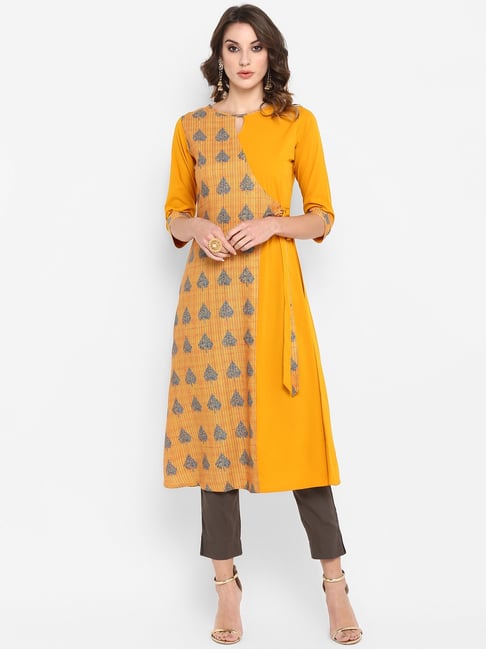 Janasya Yellow Printed A Line Kurta