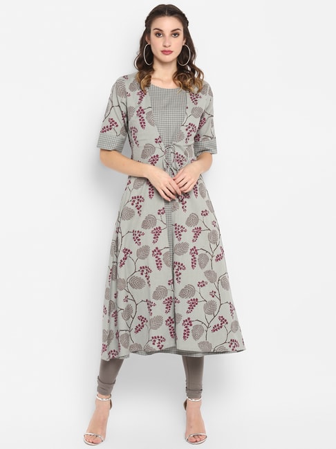 Janasya Grey Printed A Line Kurta With Attached Jacket Price in India
