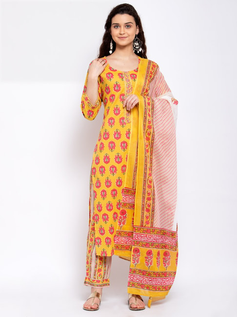 Yuris Yellow & Pink Round Neck Kurta With Pant & Dupatta Price in India