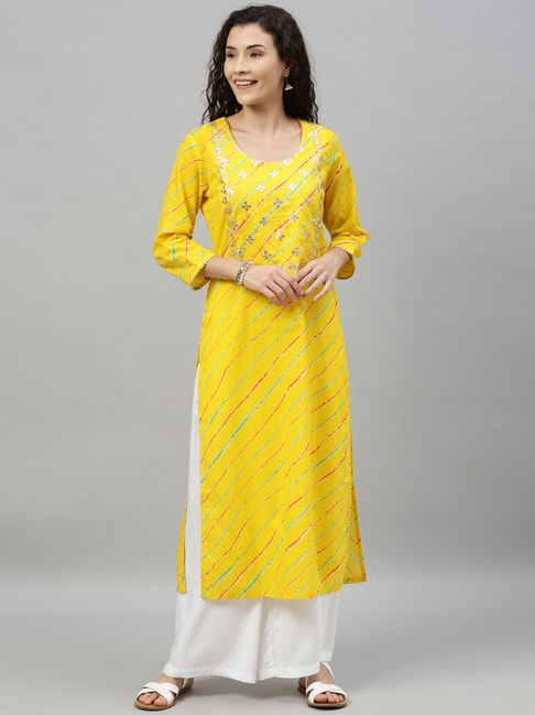 Ishin Yellow Embellished A Line Kurta Price in India