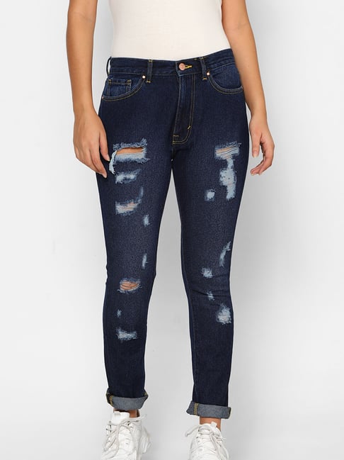 Buy Forever 21 Dark Denim Distressed Jeans for Women Online Tata